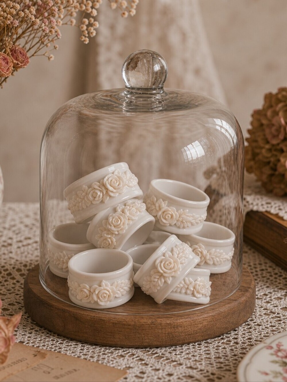 Set of 8 White Porcelain Rose Napkin Rings